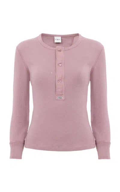 Chloé Logo-embroidered Cotton Henley In Pink