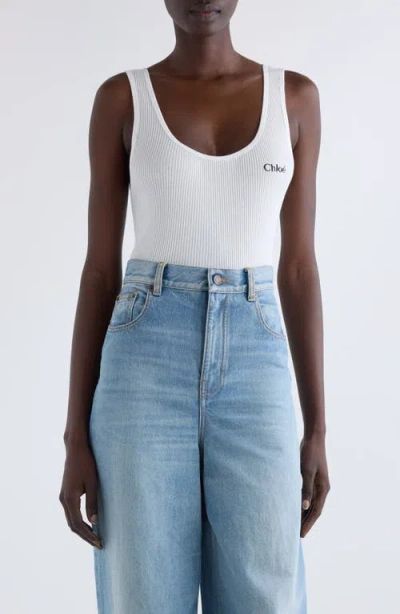 Chloé Logo Embroidered Cotton Rib Tank In White