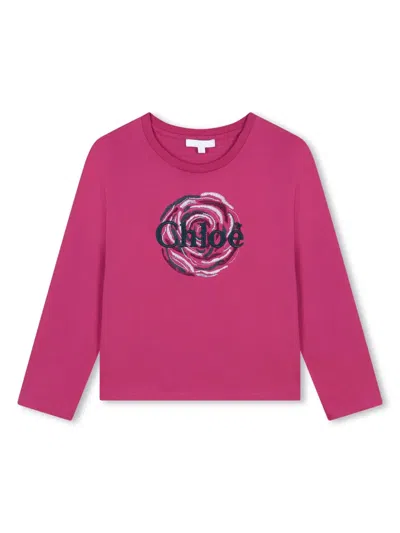 Chloé Kids' Logo-embroidered Cotton T-shirt In Pink