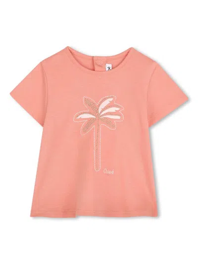 Chloé Babies' Logo-embroidered Cotton T-shirt In Pink