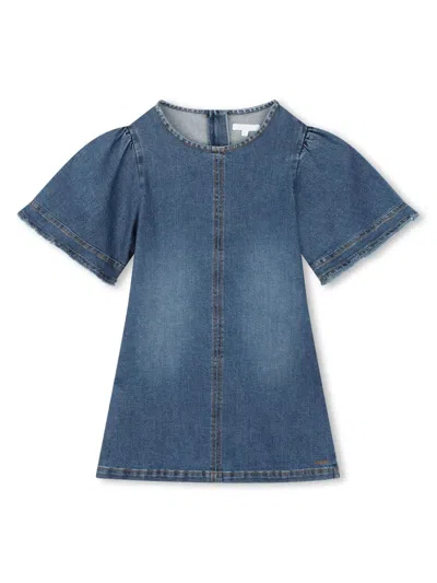 Chloé Kids' Logo-embroidered Denim Dress In 蓝色