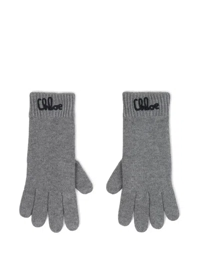 Chloé Logo-embroidered Gloves In Gray