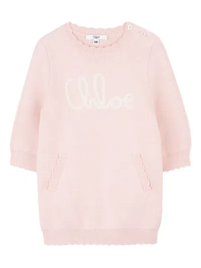 Chloé Babies' Logo-embroidered Knitted Dress In Pink