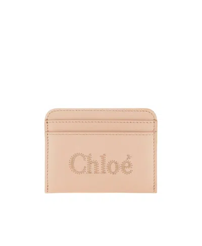 Chloé Logo-embroidered Leather Cardholder In Nude