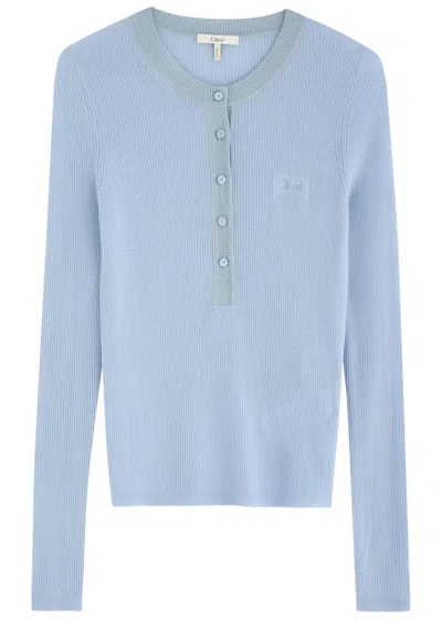 Chloé Chloe Logo-embroidered Ribbed Wool Top In Blue Light