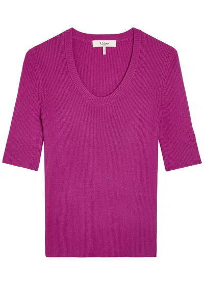 CHLOÉ CHLOE LOGO-EMBROIDERED RIBBED WOOL TOP
