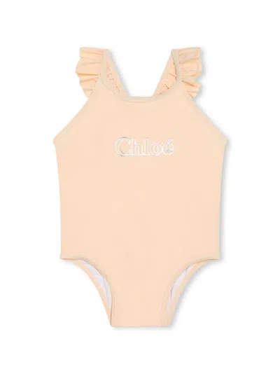 Chloé Babies' Logo-embroidered Ruffled Swimsuit In Neutrals