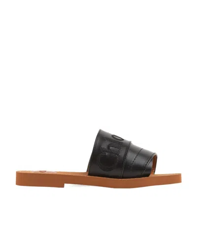 Chloé Logo-embroidered Slip-on Leather Sandals In Black