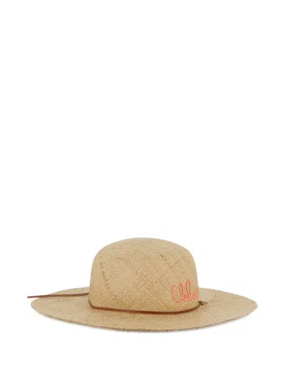 Chloé Kids' Logo-embroidered Straw Hat In Blue