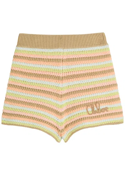 Chloé Chloe Logo-embroidered Striped Knit Shorts In Green