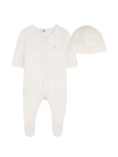 Chloé Logo Embroidery Babygrow Hat In Neutral