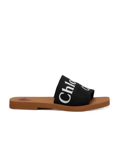 Chloé Chloe Women Black Linen Woody Slippers In Multi