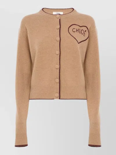 Chloé Contrast-edge Wool Crewneck Sweater With Fabric-covered Buttons In Multi