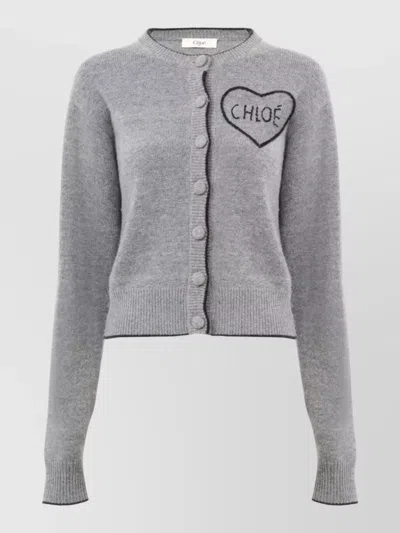 Chloé Logo Knit Cardigan Fitted Crew Neck In Gray