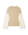 Chloé Logo Lantern Sleeve Rib Wool Blended Pullover In Nude