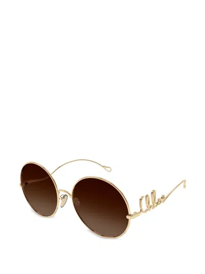 Chloé Logo-lettering Round-frame Sunglasses In Burgundy