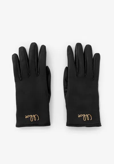 Chloé Logo-plaque Leather Gloves In Black