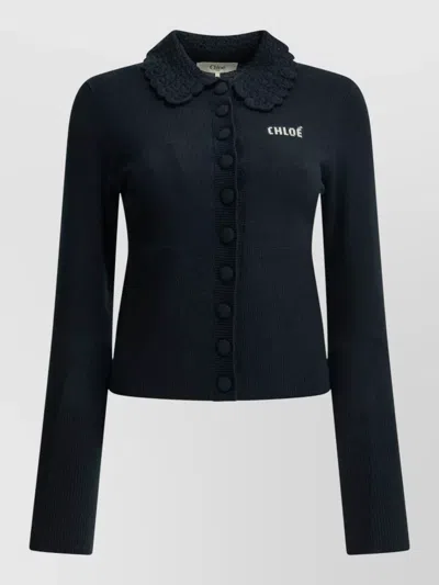 Chloé Logo Polo Knit Top Long Sleeves In Black