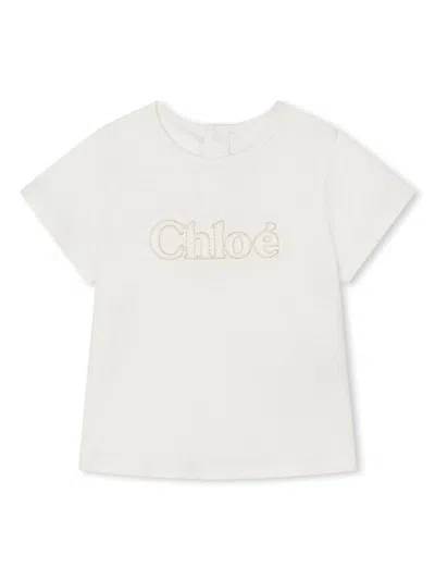Chloé Babies' Embroidered-logo Cotton T-shirt In Bianco/sporco