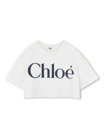 Chloé Kids' Logo-print Cropped T-shirt In White