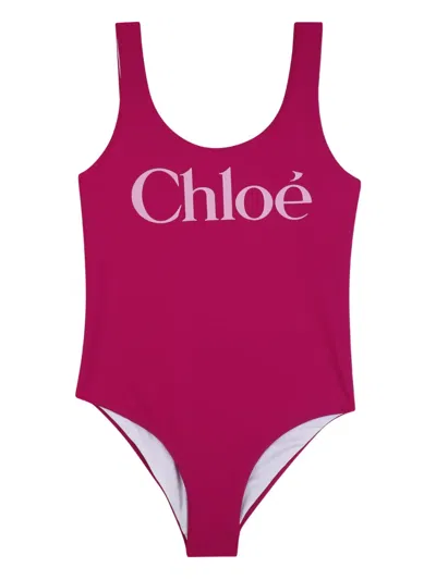 Chloé Kids' Logo Print Swimsuit In Red
