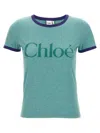 Chloé Green Crewneck T-shirt With Logo Lettering Print On The Front In Cotton Woman