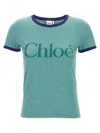 Chloé Green Crewneck T-shirt With Logo Lettering Print On The Front In Cotton Woman