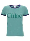 Chloé Green Crewneck T-shirt With Logo Lettering Print On The Front In Cotton Woman In Green