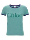Chloé Green Crewneck T-shirt With Logo Lettering Print On The Front In Cotton Woman In Green