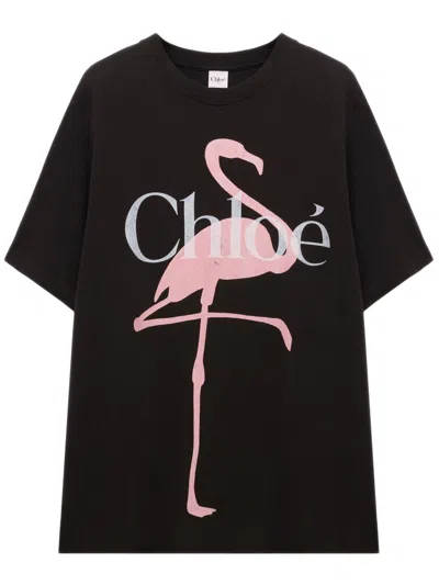 Chloé Women Black Crewneck T-shirt With Maxi Logo Print On The Front In Cotton Woman In Multi