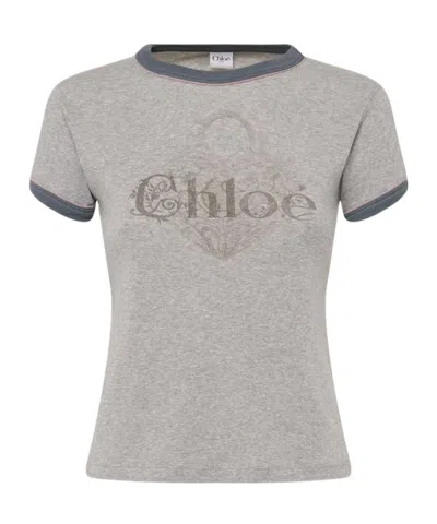 Chloé Logo Printed Cotton Jersey T-shirt In Gray