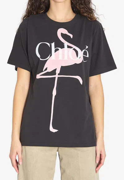 Chloé Women Black Crewneck T-shirt With Maxi Logo Print On The Front In Cotton Woman