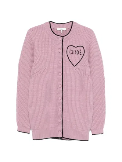 Chloé Logo Rib Knit Cardigan In Pink