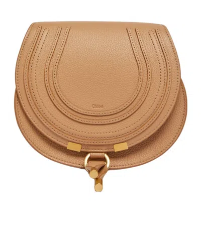 Chloé Marcie Small Leather Shoulder Bag With Logo Engraving In Tan