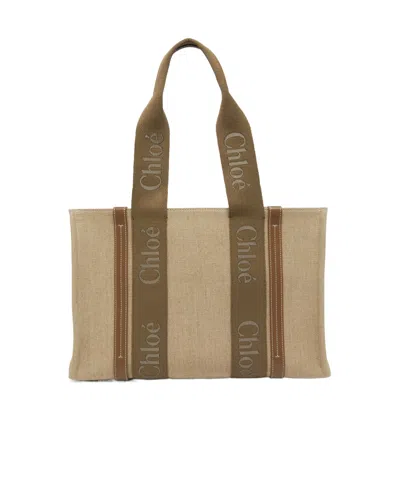Chloé Woody Medium Tote Bag In Linen In Dark Nut