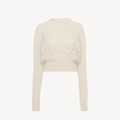 Chloé Pull En Maille De Laine Alpaga Et Soie À Logo Femme Blanc Taille L 100% Wool Vicugna Pacos, Farmed, In White