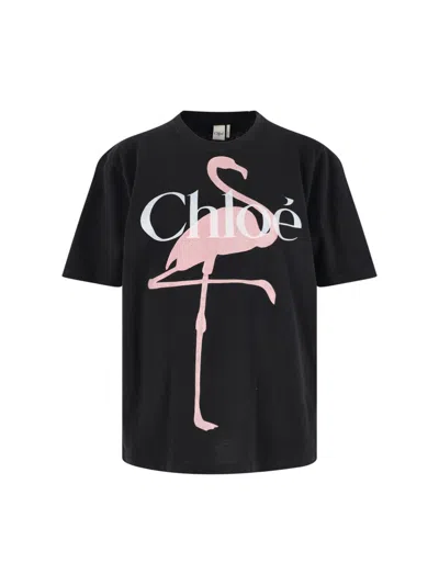 Chloé Women Black Crewneck T-shirt With Maxi Logo Print On The Front In Cotton Woman