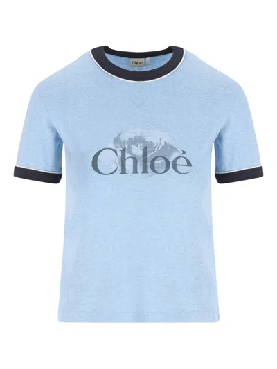 Chloé Logo Print Cotton T-shirt Clothing In Blue