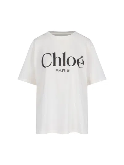 Chloé White Crewneck T-shirt With Logo Print On The Front In