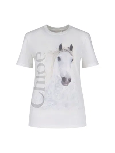 Chloé Cotton Crew Neck Graphic Short Sleeve T-shirt In White