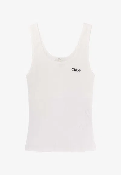 Chloé Logo Ribbed Cotton Jersey Tank Top In White