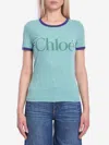 Chloé Green Crewneck T-shirt With Logo Lettering Print On The Front In Cotton Woman In Green