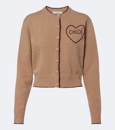 Chloé Logo Wool And Cashmere Cardigan In Brown