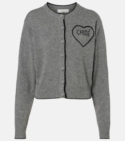 Chloé Wool And Cashmere Cardigan With Logo Knitwear Grey In Gray