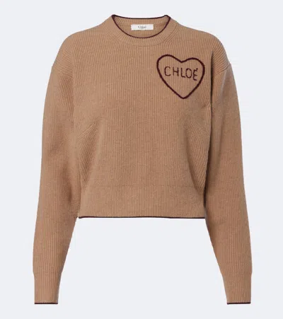 Chloé Long Sleeve Cropped Ribbed Top Heart Motif In Neutral