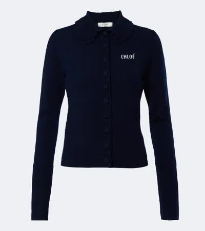 Chloé Logo Wool Cardigan In Blue