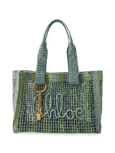 Chloé Logo-appliqué Striped Tote Bag In Green