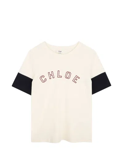 Chloé Kids' Logo-embroidered Colour-block T-shirt In White