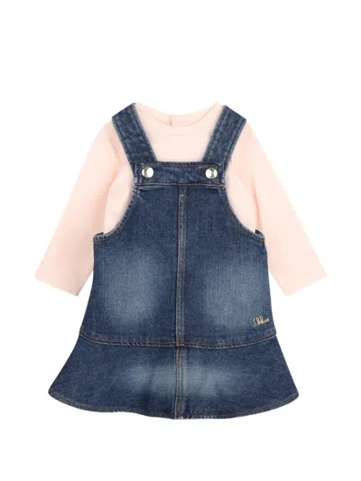Chloé Babies' Logo-embroidered Denim Dress And T-shirt Set In Blue