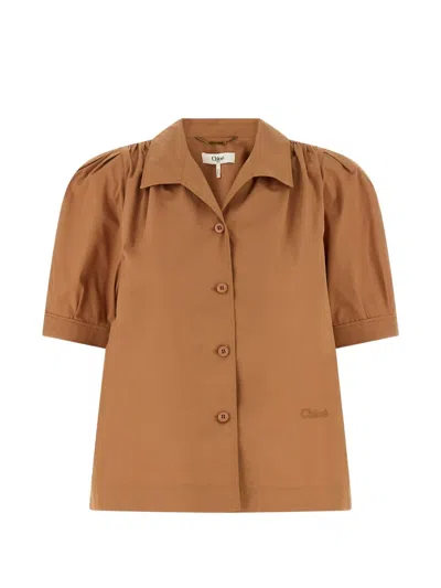 Chloé Logo-embroidered Gathered Shirt In Brown